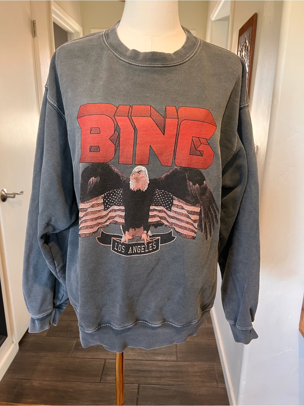 Anine Bing Slate Blue Graphic Eagle Crewneck with Red Logo